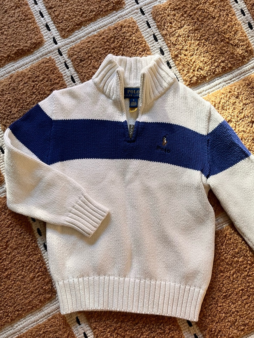Polo by Ralph Lauren Cream Quarter-Zip Sweater with Navy Blue Stripe Size 5 Boys
